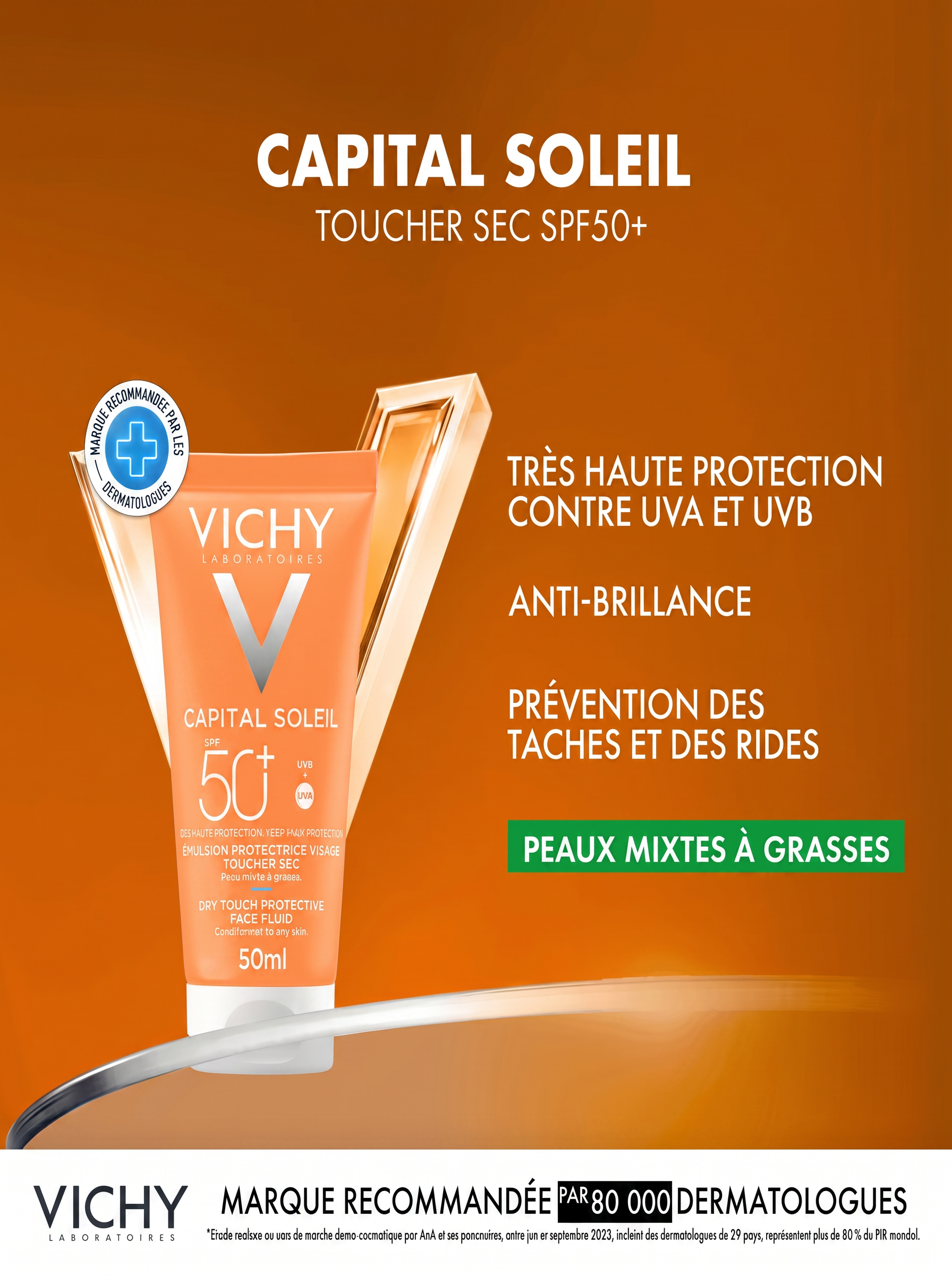 VICHY CAPITAL SOLEIL ÉMULSION ANTI-BRILLANCE TOUCHER SEC SPF50+ PEAU MIXTE À GRASSE 50 ML = APRÈS-SOLEIL 100 ML OFFERT